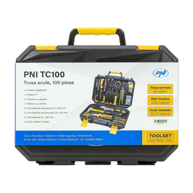 Trusa scule de mana PNI TC100, 100 de piese, material Otel Carbon si Crom Vanadiu, cutie din plastic