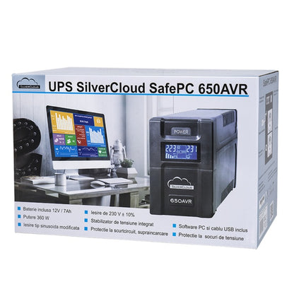 UPS SilverCloud SafePC 650AVR putere 360W ecran LCD software monitorizare PC