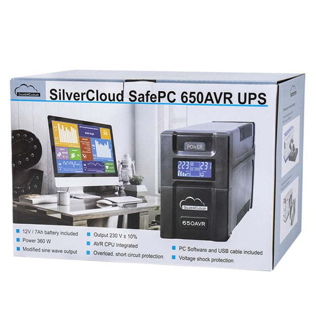 UPS SilverCloud SafePC 650AVR putere 360W ecran LCD software monitorizare PC