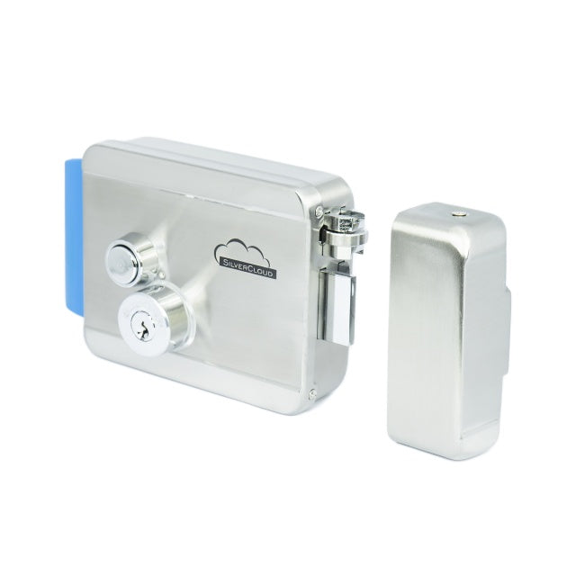 Yala electromagnetica SilverCloud YE910, 12V, din inox, cu butuc dublu si buton, Fail Secure NO, compatibila cu sisteme de control acces
