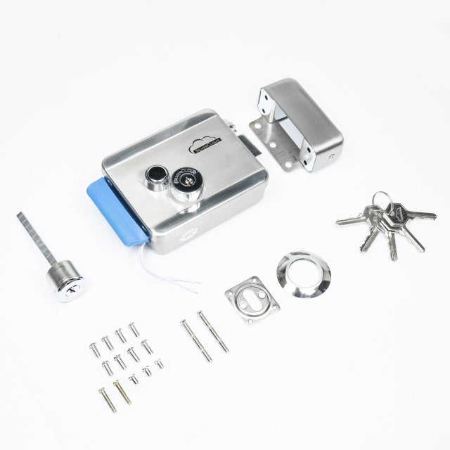 Yala electromagnetica SilverCloud YE910, 12V, din inox, cu butuc dublu si buton, Fail Secure NO, compatibila cu sisteme de control acces