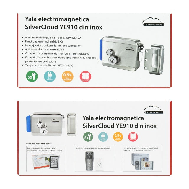 Yala electromagnetica SilverCloud YE910, 12V, din inox, cu butuc dublu si buton, Fail Secure NO, compatibila cu sisteme de control acces