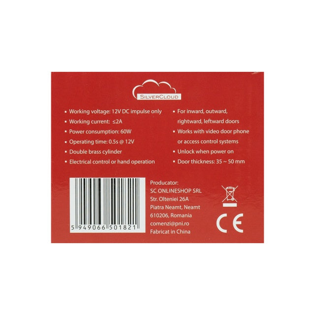 Yala electromagnetica SilverCloud YE910, 12V, din inox, cu butuc dublu si buton, Fail Secure NO, compatibila cu sisteme de control acces